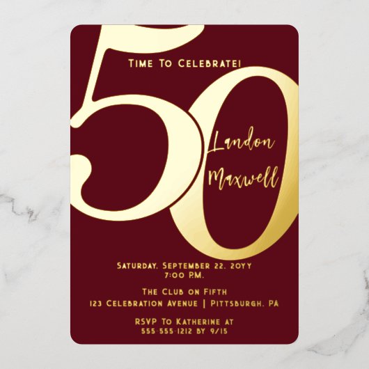 ミニマルタイポグラフィ50 50th誕生日パーティー 箔招待状 (正面)