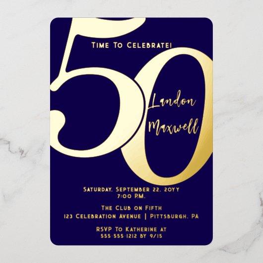 ミニマルタイポグラフィ50 50th誕生日パーティー 箔招待状 (正面)