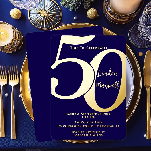 ミニマルタイポグラフィ50 50th誕生日パーティー 箔招待状