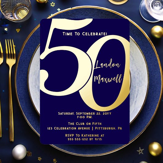ミニマルタイポグラフィ50 50th誕生日パーティー 箔招待状