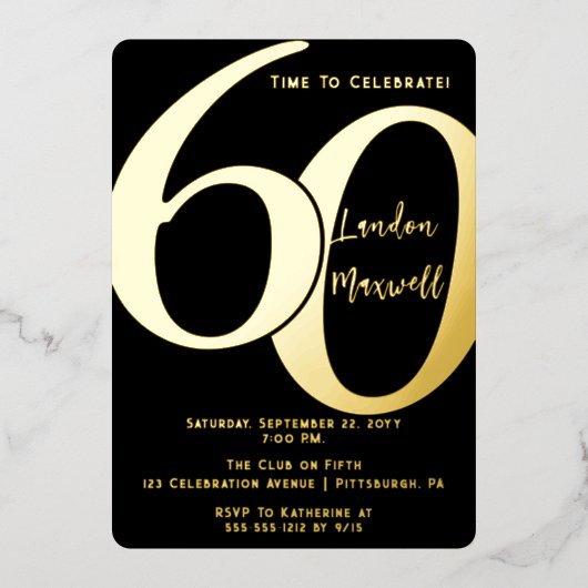 ミニマルタイポグラフィ60 60th誕生日パーティー 箔招待状 (正面)