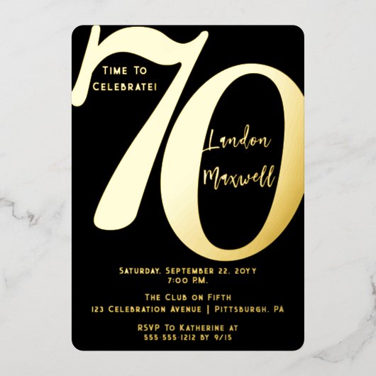 ミニマルタイポグラフィ70 70thバースデーパーティー 箔招待状 (正面)