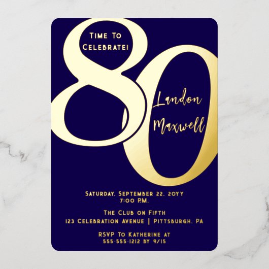 ミニマルタイポグラフィ80 80thバースデーパーティー 箔招待状 (正面)