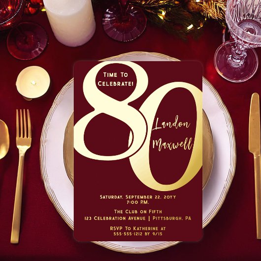 ミニマルタイポグラフィ80 80thバースデーパーティー 箔招待状