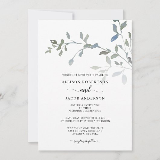 ミニマルダスティブルーグリーンウォーターフローラ結婚ズ 招待状 (正面)