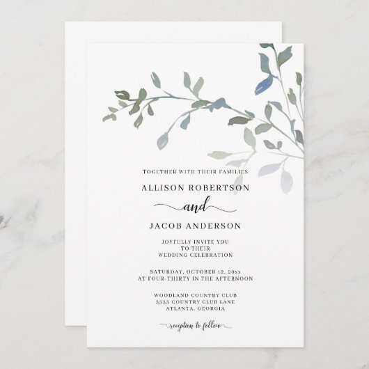 ミニマルダスティブルーグリーンウォーターフローラ結婚ズ 招待状 (正面/裏面)