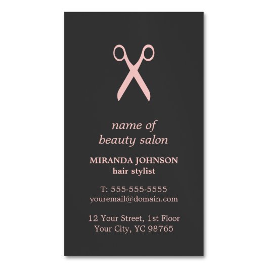 ミニマルダークエレガントグレイ淡い色のピンク美容師 マグネット名刺 (正面縦)