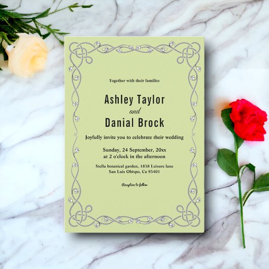 ミニマルチック スクリプト セージグリーン ボーホ フラワー ウェディング 招待状