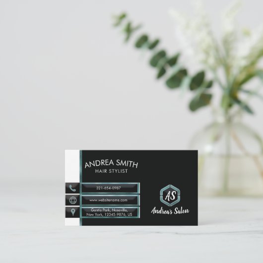 ミニマルティール(緑がかった色)グリッターフォイルプロフェッショナル モダン 名刺 (スタンド正面)