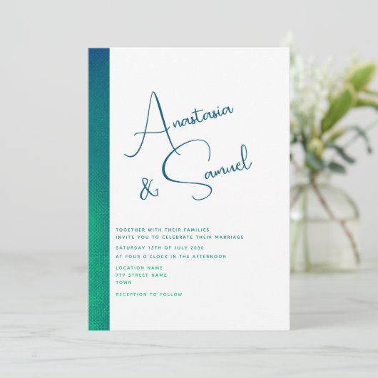 ミニマルティール(緑がかった色)グリーンモダン結婚式招待状 招待状 (スタンド正面)