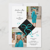 ミニマルティール(緑がかった色)ブルーキャップ&ボウ卒業写真 招待状 (正面)