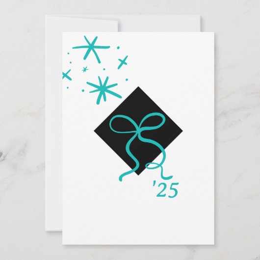 ミニマルティール(緑がかった色)ブルーキャップ&ボウ卒業写真 招待状 (裏面)