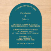 ミニマルティール(緑がかった色)ブルーグリーン金ゴールドスクリプ結婚ト アクリル招待状 (正面)