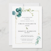 ミニマルティール(緑がかった色)ブルーボタニカル金ゴールド結婚ズ 招待状 (正面)