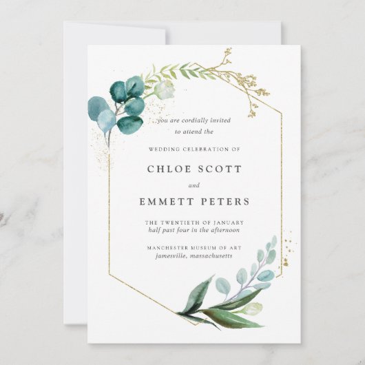 ミニマルティール(緑がかった色)ブルー金ゴールドボタニカル結婚ズ 招待状 (正面)