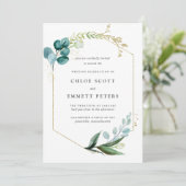 ミニマルティール(緑がかった色)ブルー金ゴールドボタニカル結婚ズ 招待状 (スタンド正面)