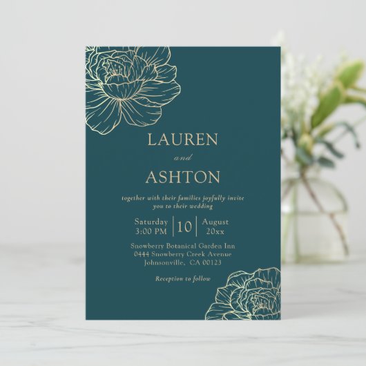 ミニマルティール(緑がかった色)金ゴールド結婚フローラ 招待状 (スタンド正面)