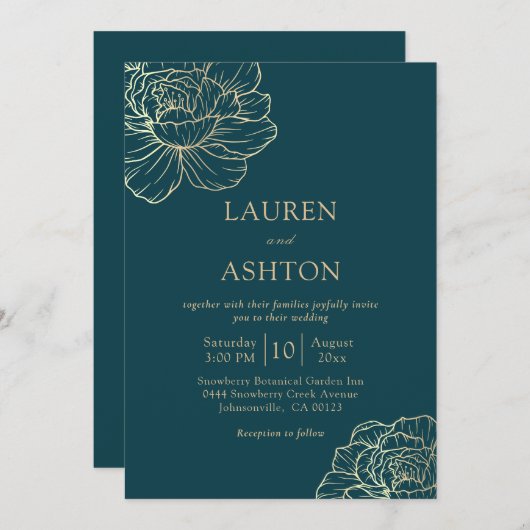 ミニマルティール(緑がかった色)金ゴールド結婚フローラ 招待状 (正面/裏面)