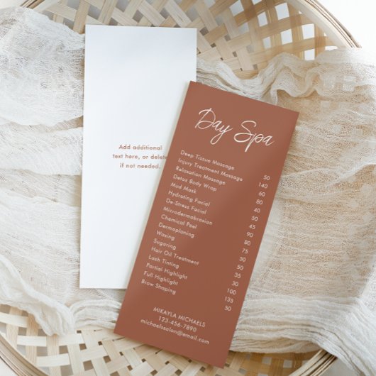 ミニマルテラコッタスパとサロン価格表 ラックカード