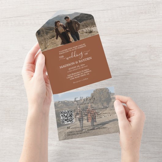 ミニマルテラコッタQRコード招待状 ウェディング オールインワン招待状 (貼ってはがせる)