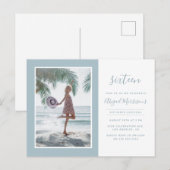 ミニマルトレンディーライトブルーフォトバースデーパーティー インビテーションポストカード (正面/裏面)