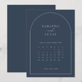 ミニマルネイビーアーチカレンダー Save the Date 招待状 (正面/裏面)