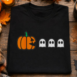 ミニマルハロウィン かわいいカボチャと3体の幽霊 Tシャツ