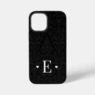 ミニマルハートシックイニシャルモノグラムブラックダマスク iPhone 12 MINIケース