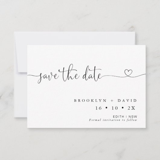 ミニマルハートフォントウェディング日付カードを保存 招待状 (正面)