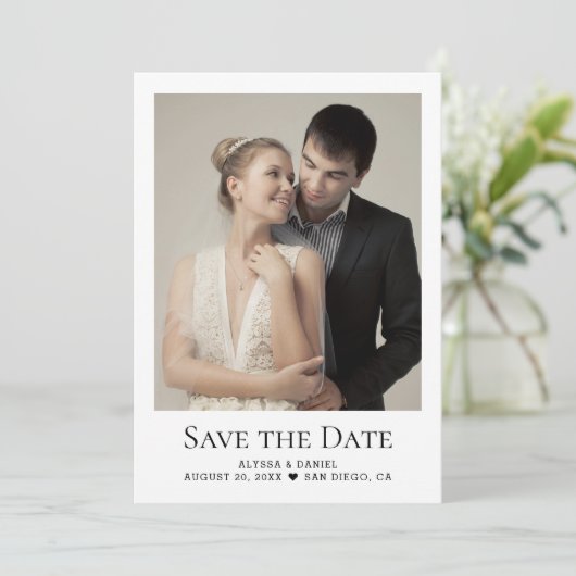 ミニマルハートワンフォトウェディングの日付を保存 招待状 (スタンド正面)