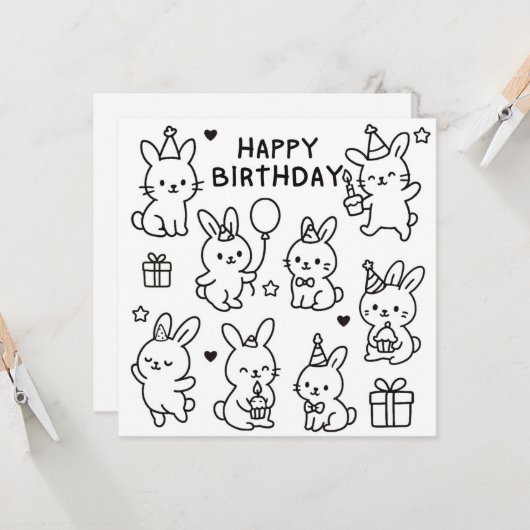 ミニマルバニー落書き 誕生日カード カード (正面/裏面インサイチュ)