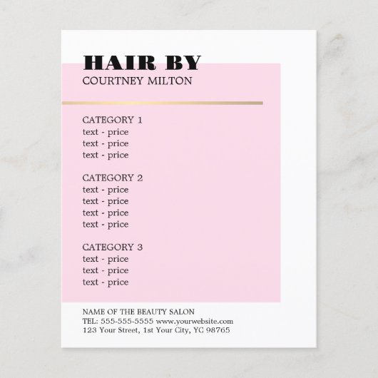 ミニマルバラフェイク金ゴールド線ヘアスタイリストメニュー チラシ (正面)
