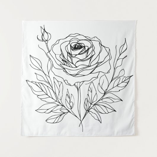 ミニマルバラワンラインアートスケッチブラック タペストリー (正面)