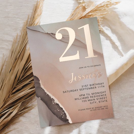 ミニマルバラ金ゴールドシック水カラー21st誕生日 箔招待状