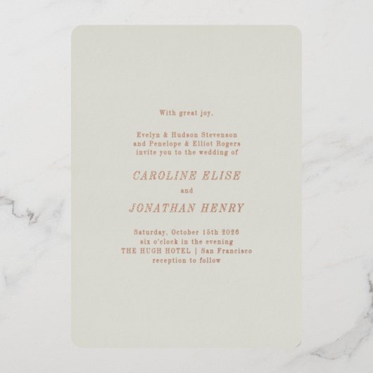 ミニマルバラ金ゴールドタイポグラフィエレガントウェディング 箔招待状 (正面)