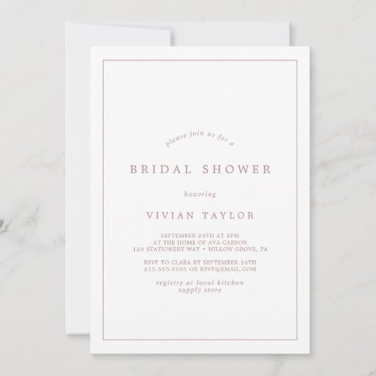 ミニマルバラ金ゴールドタイポグラフィブライダルシャワー 招待状 (正面)