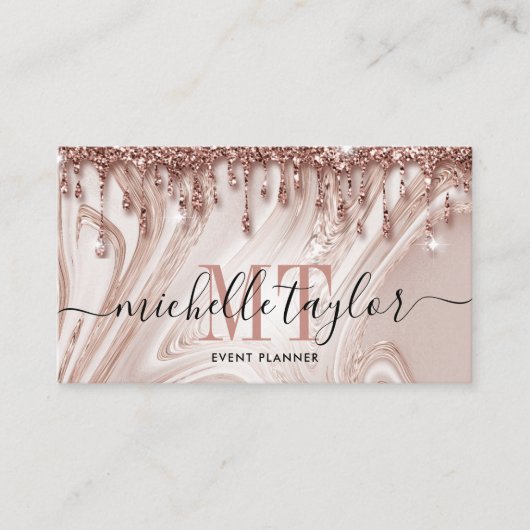 ミニマルバラ金ゴールド大理石ドリップモノグラム 名刺 (正面)