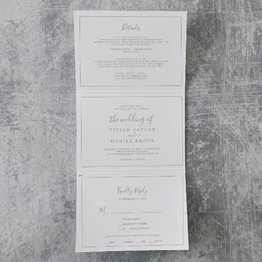 ミニマルバラ金ゴールド結婚写真の全てを1つに 三つ折り招待状