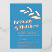 ミニマルバラ離れ金ゴールドフォイルオンブルー結婚ズ 箔招待状 (正面)