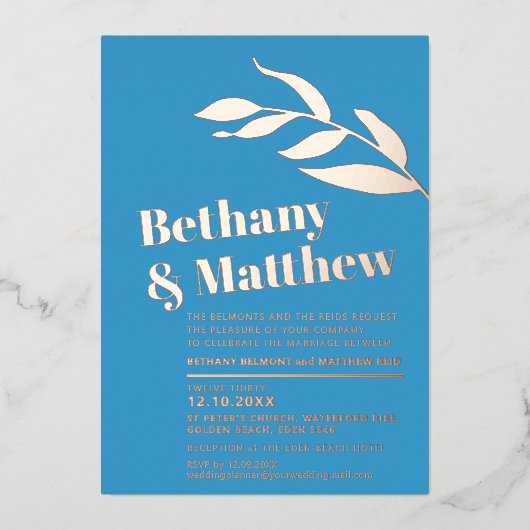 ミニマルバラ離れ金ゴールドフォイルオンブルー結婚ズ 箔招待状 (正面)