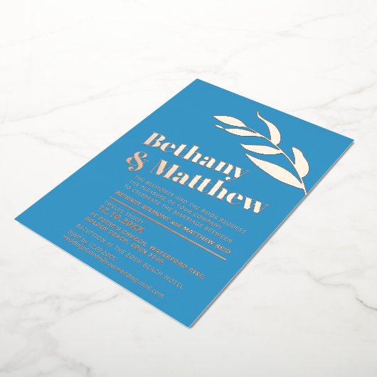 ミニマルバラ離れ金ゴールドフォイルオンブルー結婚ズ 箔招待状 (回転した状態)