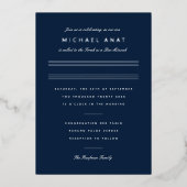 ミニマルバー（ユダヤ教の）バル・ミツバーネイビーブルーシルバー 箔招待状 (正面)