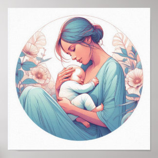 ミニマルパステルアート:赤ちゃんを抱く母 ポスター