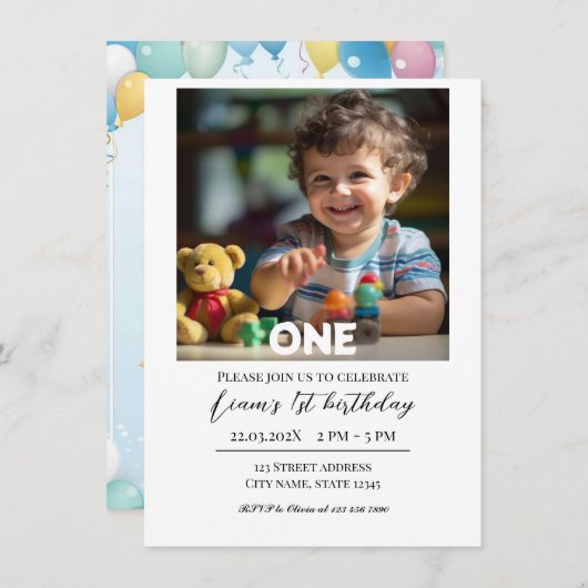 ミニマルパーソナライズされたスファースト誕生日招待状 招待状 (正面/裏面)