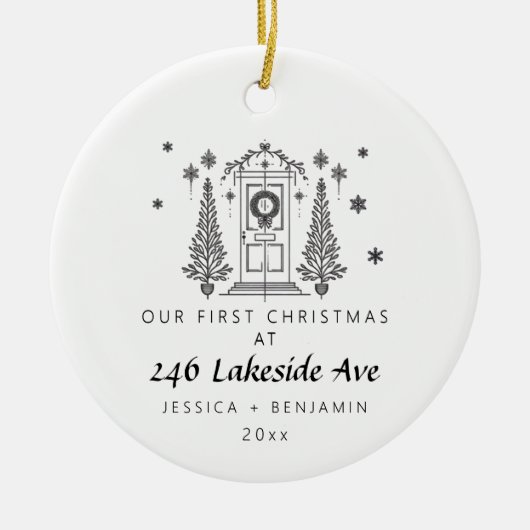ミニマルパーソナライズされたリストニューホームクリスマス セラミックオーナメント (正面)