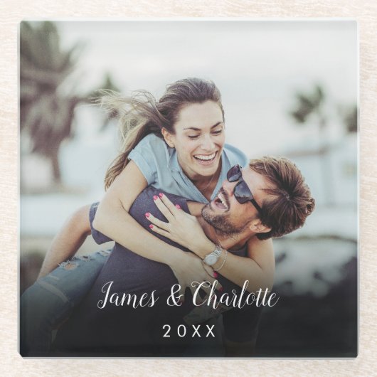 ミニマルパーソナライズされたリストフォトスクリプト名の日付 ガラスコースター (正面)