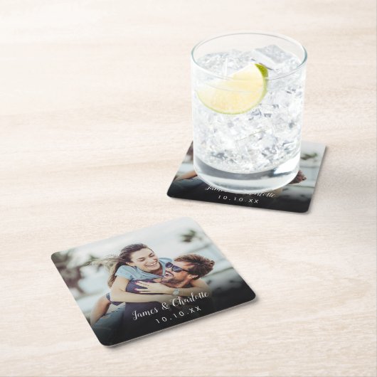 ミニマルパーソナライズされたリストフォトスクリプト名の日付 スクエアペーパーコースター (インサイチュ)