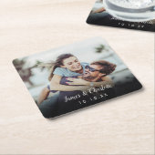 ミニマルパーソナライズされたリストフォトスクリプト名の日付 スクエアペーパーコースター (アングル)