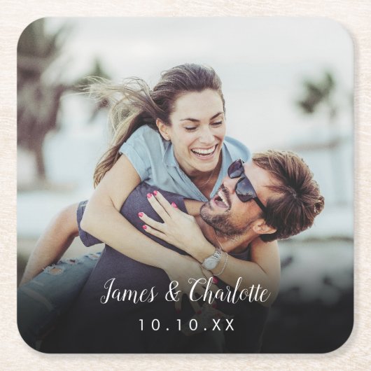 ミニマルパーソナライズされたリストフォトスクリプト名の日付 スクエアペーパーコースター (正面)