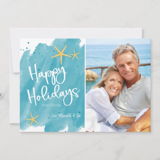 ミニマルビーチウォーターカラーハッピーホリデーズカード (正面)